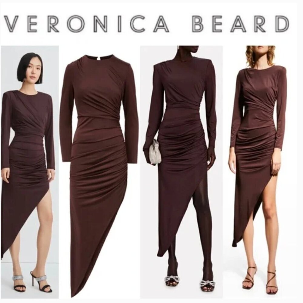 Veronica Beard Tristana Dress Asymmetrical Long Sleeve High Slit Brown Size 14